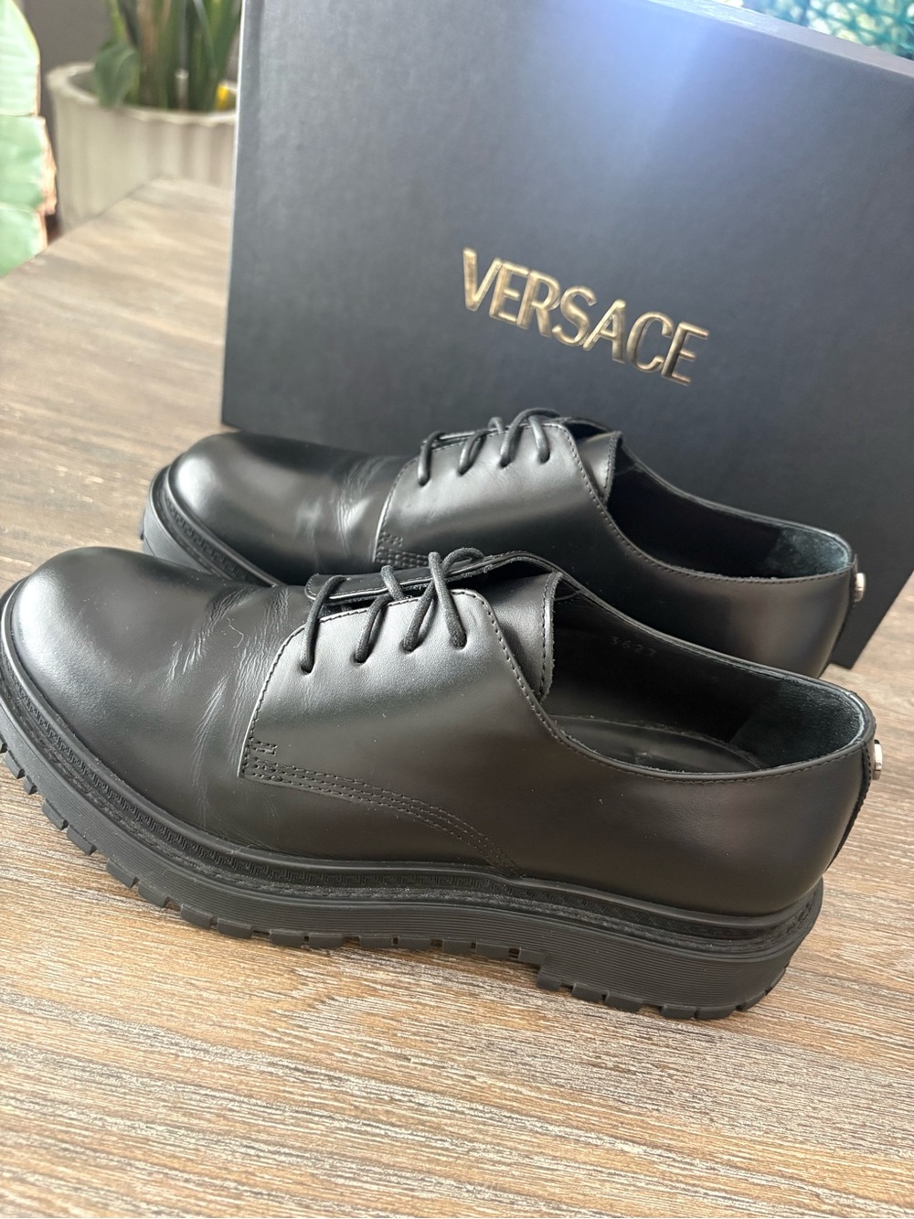 Versace Black Leather Derby Shoes with Lug Sole